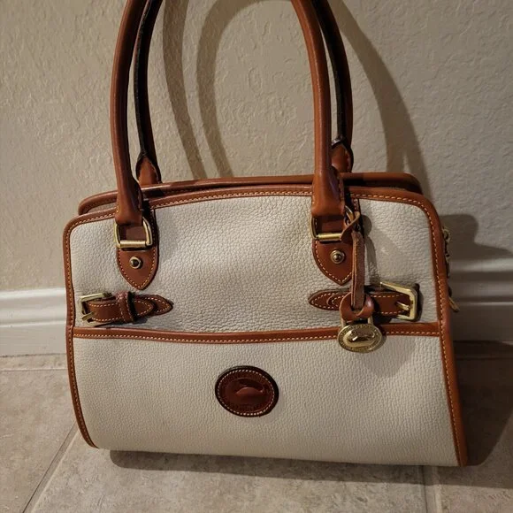 Dooney & Bourke AWL Satchel Ivory and Tan / Brown Gold Trim with Matching Wallet - Picture 2 of 14